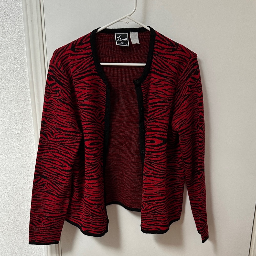 Lennie for Nina Leonard Red and Black zebra Print Cardigan